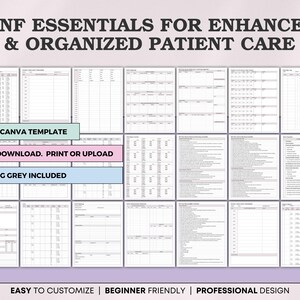 Peut inclure: Ensemble de formulaires imprimables pour les soins aux patients, avec le texte "SNF Essentials for Enhanced & Organized Patient Care". Comprend un mod&egrave;le Canva modifiable, un t&eacute;l&eacute;chargement instantan&eacute; et une conception grise &eacute;conome en encre. Facile &agrave; personnaliser.