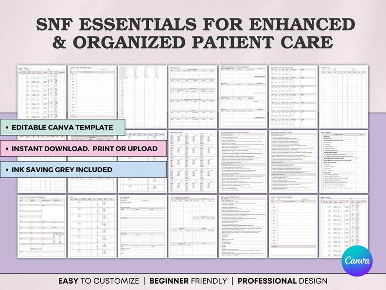 Peut inclure: Ensemble de formulaires imprimables pour les soins aux patients, avec le texte "SNF Essentials for Enhanced & Organized Patient Care". Comprend un mod&egrave;le Canva modifiable, un t&eacute;l&eacute;chargement instantan&eacute; et une conception grise &eacute;conome en encre. Facile &agrave; personnaliser.
