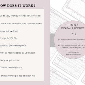 May include: A digital product information graphic with the text "HOW DOES IT WORK?" and instructions for downloading and using a PDF file and Canva template. The graphic includes icons and the text "THIS IS A DIGITAL PRODUCT".