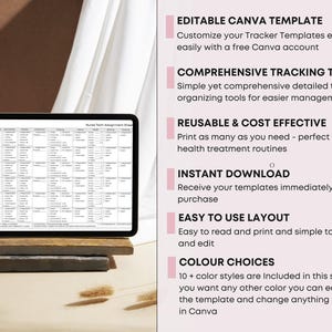May include: A digital tablet displaying a detailed spreadsheet, resting on a stack of stone blocks. The image is accompanied by text highlighting features like editable templates, comprehensive tracking tools, and instant download options.
