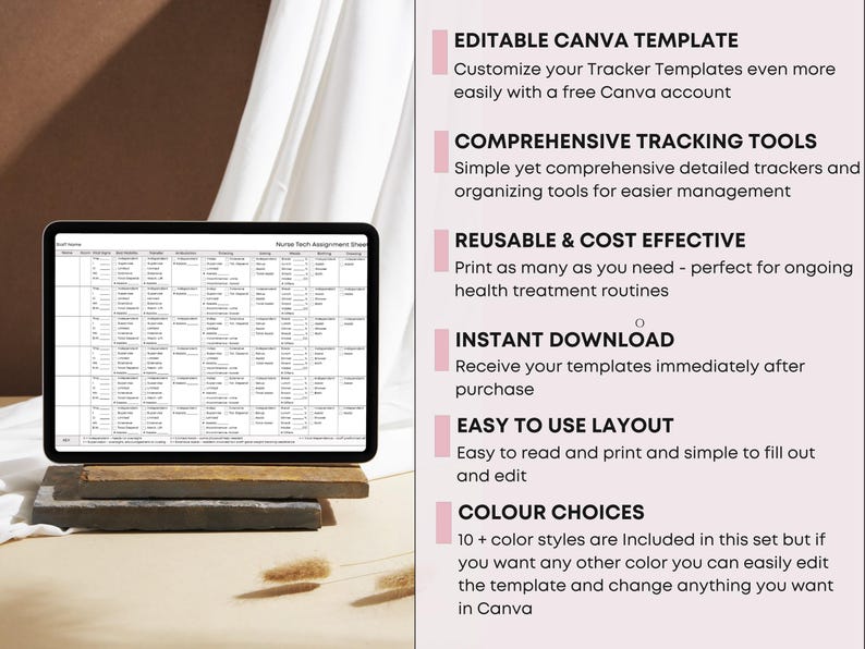 May include: A digital tablet displaying a detailed spreadsheet, resting on a stack of stone blocks. The image is accompanied by text highlighting features like editable templates, comprehensive tracking tools, and instant download options.
