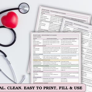 May include: A stethoscope with a red heart and several pocket guides titled "Psychotherapy at a Glance" are displayed. The guides list various mood and anxiety disorders. The text at the bottom reads "MINIMAL. CLEAN. EASY TO PRINT, FILL & USE."