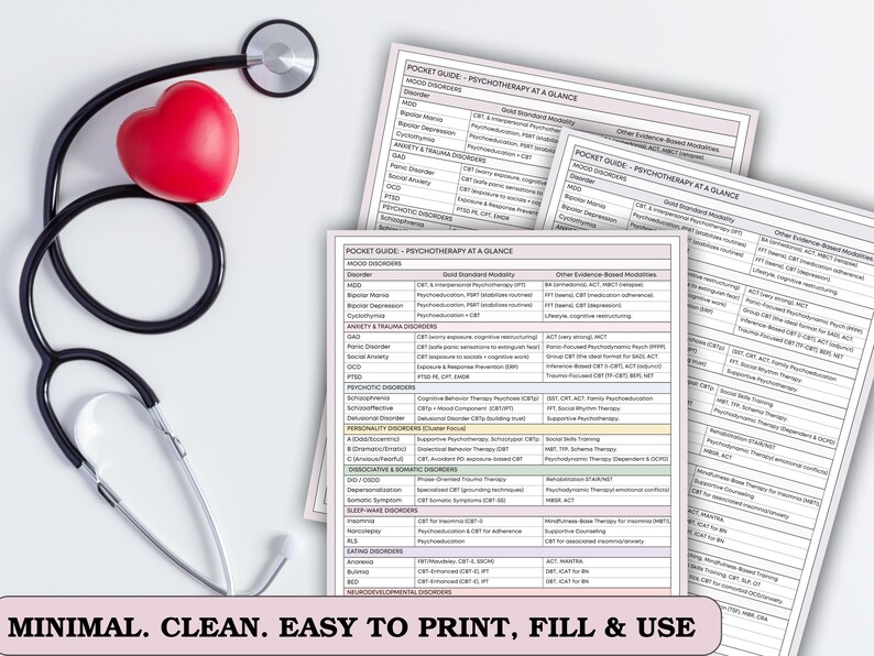 May include: A stethoscope with a red heart and several pocket guides titled "Psychotherapy at a Glance" are displayed. The guides list various mood and anxiety disorders. The text at the bottom reads "MINIMAL. CLEAN. EASY TO PRINT, FILL & USE."