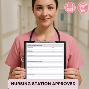 May include: A nurse in a pink uniform holds a black clipboard with a "Nurse Delegation Documentation" form. The form has fields for employee name, date, and other details. The image includes icons for print, edit, and PDF. The text "NURSING STATION APPROVED" is at the bottom.