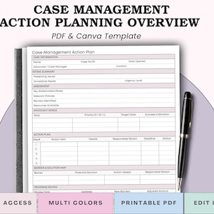 Könnte beinhalten: PDF- und Canva-Vorlage für die Aktionsplanung im Case Management. Das Dokument enthält Abschnitte für Fallinformationen, Zusammenfassung der Aufnahme, Bewertung und Aktionsplan. Ein schwarzer Stift liegt auf dem Dokument.
