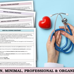 May include: A medical-themed image featuring a stethoscope, a red heart, and several sheets of paper with the text "MDS FALL CODING CHEATSHEET". The text "CLEAN, MINIMAL, PROFESSIONAL & ORGANIZED" is at the bottom.