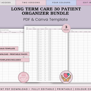 May include: A Long Term Care 30 Patient Organizer Bundle featuring PDF and Canva templates. The document includes three pages of patient tracking grids with columns for name, age, sex, and medical notes. Includes editable and printable layouts.