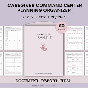 Könnte beinhalten: Ein hellvioletter Planer für Pflegekräfte mit dem Text "Caregiver Command Center Planning Organizer" und "PDF & Canva Template". Das Cover des Planers zeigt "Caregiver Toolkit 2025" mit einer rosa Stethoskop-Grafik. Der Planer hat 60 Seiten.