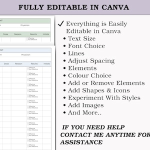 May include: A digital template featuring a medication tracker and assessment form, labelled "FULLY EDITABLE IN CANVA". The right side lists features such as text size, font choice, and adding images. Contact information is at the bottom.