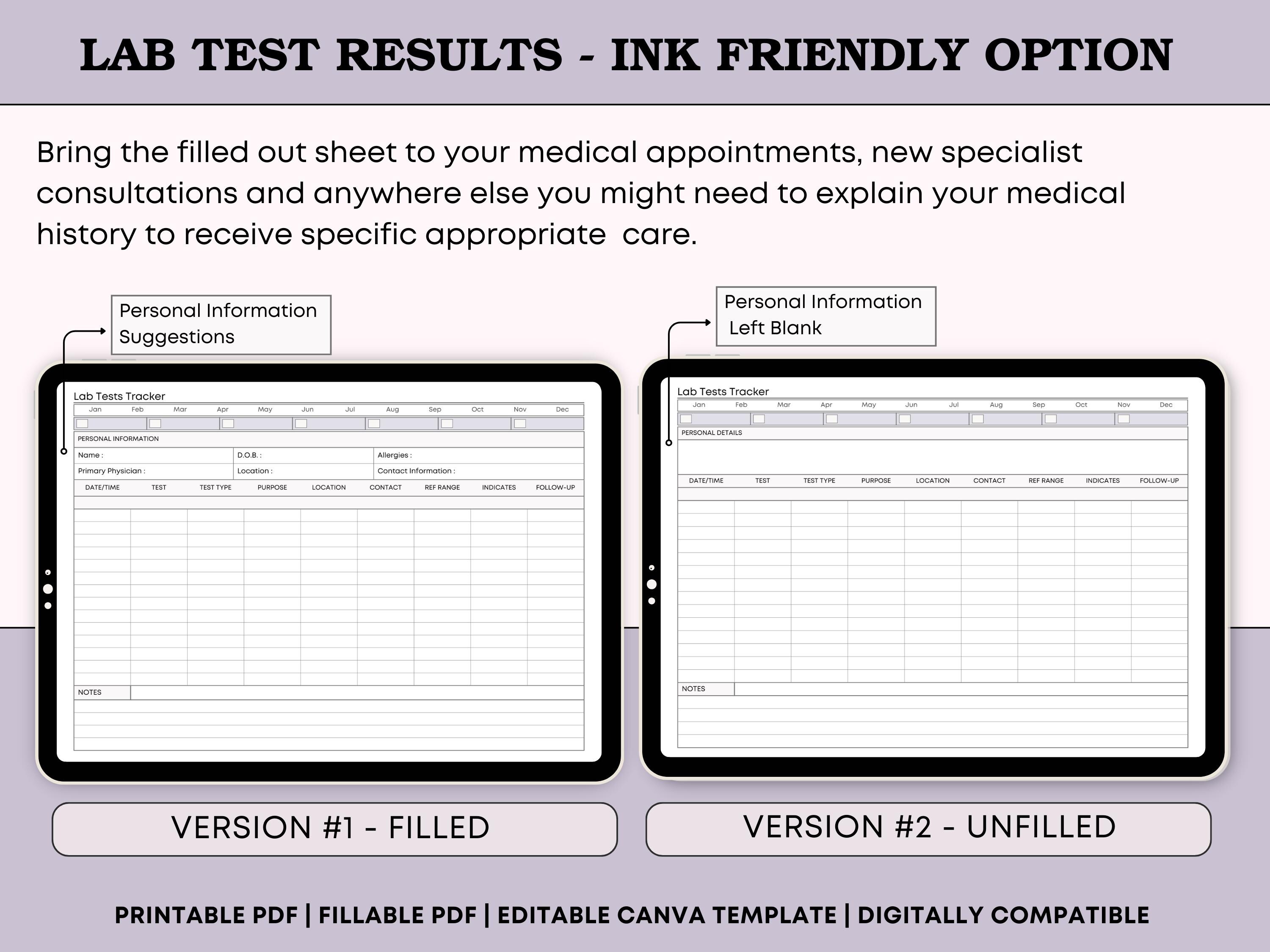 Lab Results Tracker Printable | Medical Test Log | Health Record ...