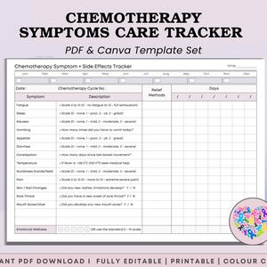 Registro de efectos secundarios de la quimioterapia: registro semanal de síntomas, medicación, estado de ánimo y escala de gravedad del ciclo de quimioterapia.