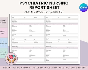 Psychiatric Nurse Report Sheet - Mental Health & Behavior Handoff For 4 Patients (PDF + Canva)