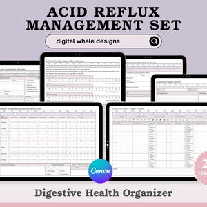 May include: A digital printable set of 20+ templates for managing acid reflux. The set includes a symptom journal, severity log, medication evaluation log, trigger tracker, and questions for the doctor. The templates are designed in a light purple and white color scheme with a "Digestive Health Organizer" title.
