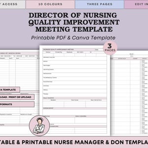 May include: A printable PDF and Canva template for a Director of Nursing Quality Improvement Meeting. The template includes three pages and is available in 10 colors. The design includes the text "Director of Nursing Quality Improvement Meeting Template" and "Editable & Printable Nurse Manager & DON Templates".