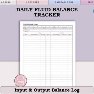 May include: A printable PDF, the "Daily Fluid Balance Tracker" is a chart for tracking fluid intake and output. The document includes sections for time, description, and volume, with the text "Input & Output Balance Log" at the bottom.