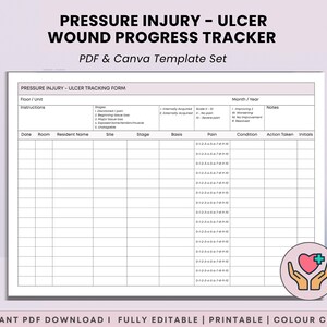 May include: A pressure injury ulcer wound progress tracker form with columns for date, room, resident name, site, stage, basis, pain scale, condition, action taken, and initials. The document includes instructions and a heart icon with hands.