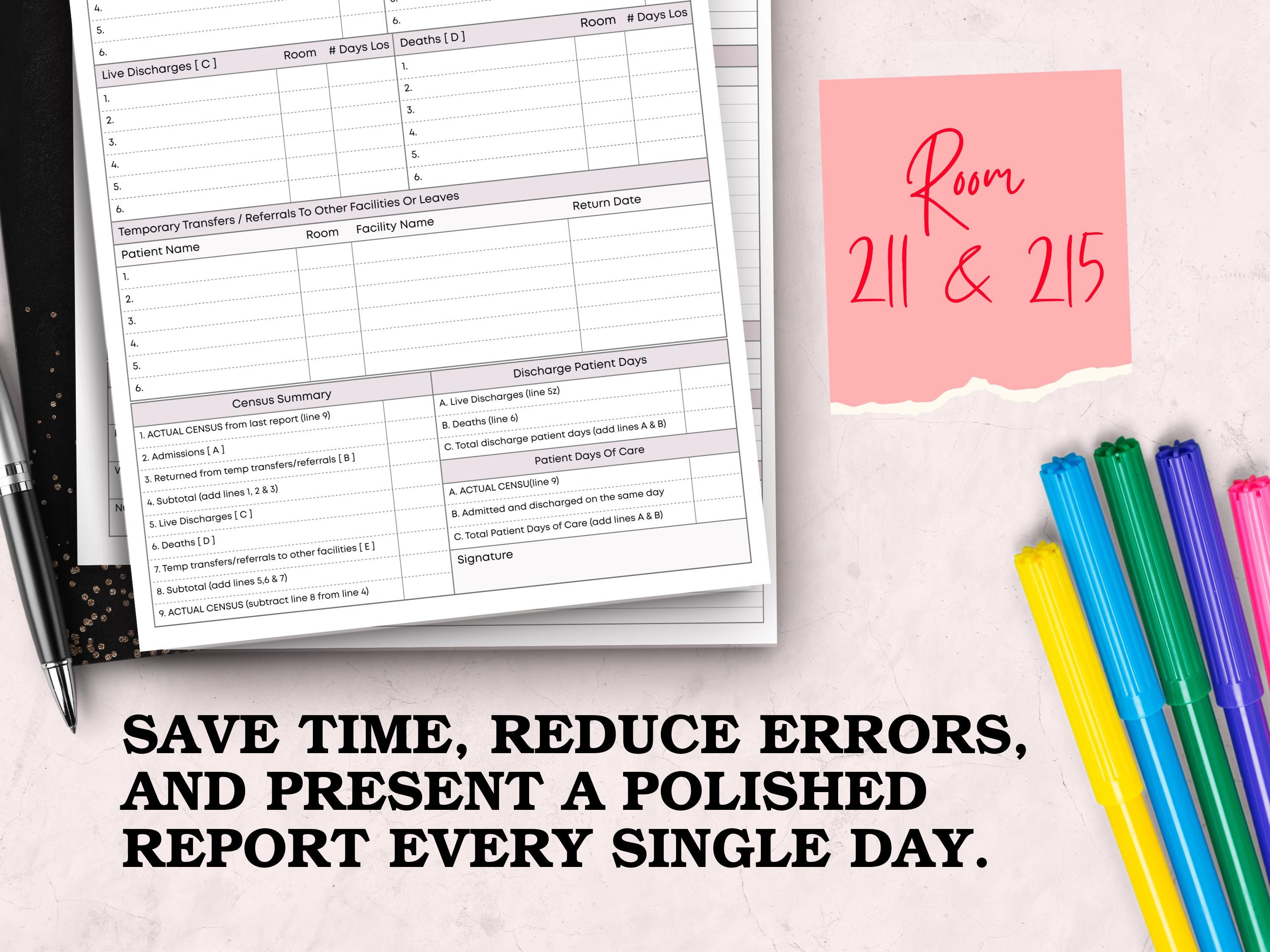 Low Census Rotation Tracker Daily Nursing Census Report Log | ADT Tracker | Patient Days Calculator ...