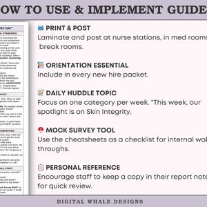May include: A guide titled "HOW TO USE & IMPLEMENT GUIDE" with sections on print & post, orientation, daily topics, mock survey tools, and personal reference. The guide is designed for healthcare professionals.