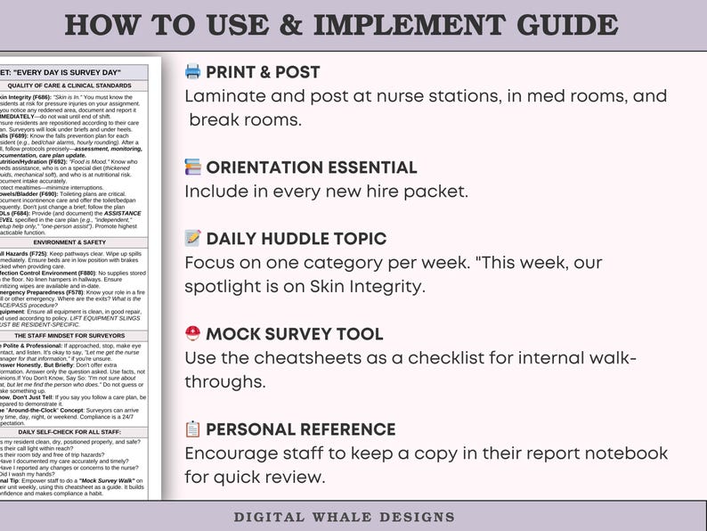 May include: A guide titled "HOW TO USE & IMPLEMENT GUIDE" with sections on print & post, orientation, daily topics, mock survey tools, and personal reference. The guide is designed for healthcare professionals.