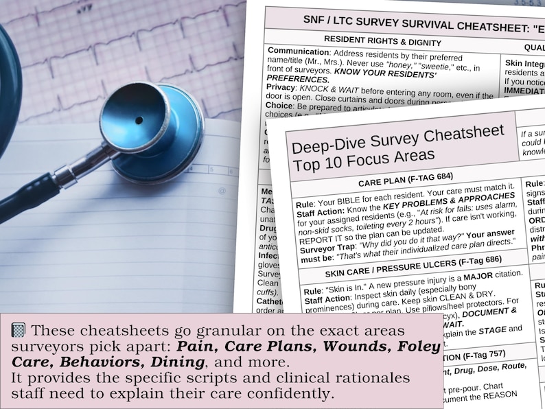 May include: A medical-themed image featuring a stethoscope and detailed cheat sheets. The sheets cover topics like resident rights, care plans, and skin care, with text emphasizing key areas for surveyors. The image includes the text: "Pain, Care Plans, Wounds, Foley Care, Behaviors, Dining, and more."