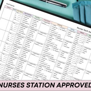 May include: A Nurse Tech Assignment Sheet with sections for vital signs, mobility, and meals. The sheet is on a black clipboard with a pen and a blue face mask in the background. The text "NURSES STATION APPROVED" is at the bottom.