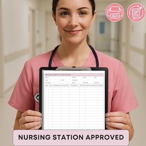 May include: A nurse in a pink uniform holds a black clipboard with a "INDIVIDUAL NARCOTIC COUNT RECORD" form. The form has columns for data entry. The image includes icons for printing, editing, and PDF. The text "NURSING STATION APPROVED" is at the bottom.
