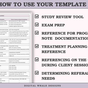 May include: A white document titled "HOW TO USE YOUR TEMPLATE" with a list of psychotherapy methods and uses. The document includes check-marked bullet points for study review, exam prep, and treatment planning.