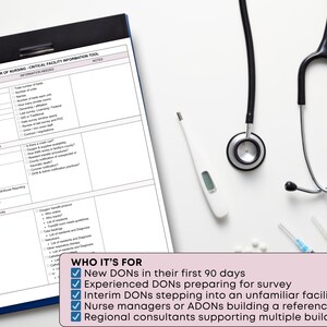 May include: A clipboard with a nursing facility information tool, a stethoscope, a thermometer, and medical supplies. The text reads "Director of Nursing Critical Facility Information Tool" and "Who it's for: New DONs, Experienced DONs, Interim DONs, Nurse managers, and Regional consultants."