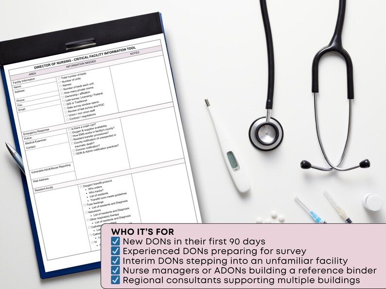 May include: A clipboard with a nursing facility information tool, a stethoscope, a thermometer, and medical supplies. The text reads "Director of Nursing Critical Facility Information Tool" and "Who it's for: New DONs, Experienced DONs, Interim DONs, Nurse managers, and Regional consultants."