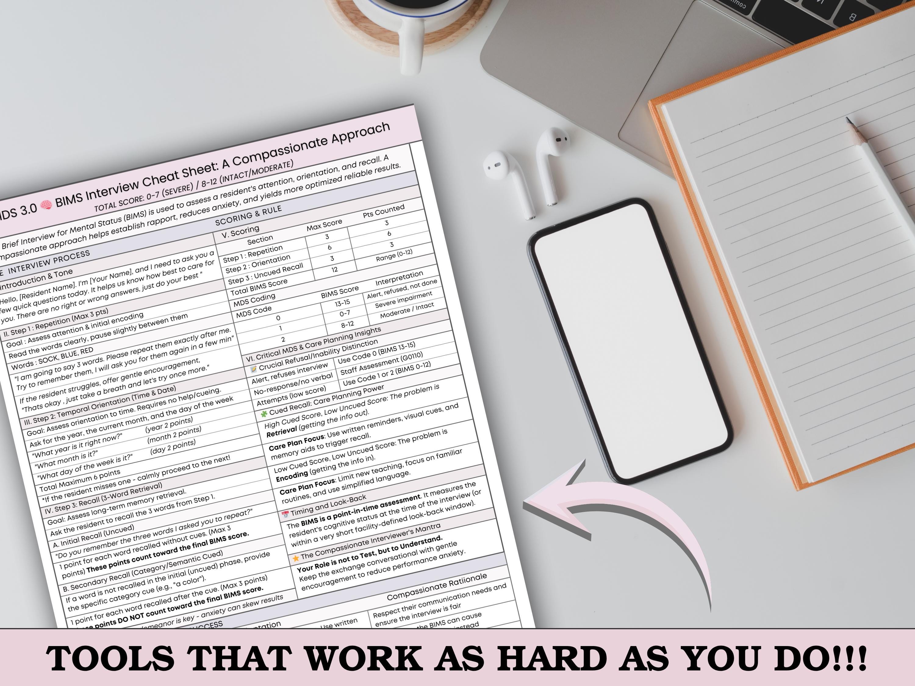 MDS 3.0 BIMS Interview Reference Guide: Assessment Cheatsheet With ...