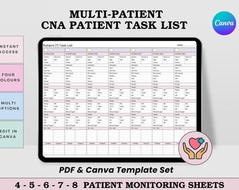 CNA & PCT Nursing Shift Report Sheets For 6 Patients - Nursing Assistants (Printable Pdf + Canva)