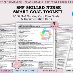 Puede incluir: Un kit de herramientas SNF Skilled Nurse Smart Goal de siete páginas que incluye un banco de verbos, un banco de documentación y el marco SMART. El documento incluye guías paso a paso para redactar objetivos de planes de enfermería.