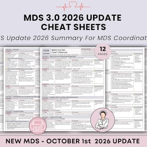 Op de afbeelding: Een set van 12 pagina's met MDS 3.0 2026 Update spiekbriefjes voor MDS-coördinatoren. De documenten bevatten tabellen met tekst over CMS-updates, inclusief secties over actieve diagnoses, gedrag en cognitieve patronen, met een icoon van een verpleegkundige.