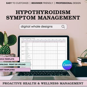 Puede incluir: Una pantalla de portátil muestra una plantilla de rastreador de gestión de artritis. El texto dice: HYPOTHYROIDISM SYMPTOM MANAGEMENT, digital whale designs, EASY TO CUSTOMIZE, BEGINNER FRIENDLY, PROFESSIONAL DESIGN, EDITABLE CANVA TEMPLATE, INSTANT DOWNLOAD, PROACTIVE HEALTH & WELLNESS MANAGEMENT.