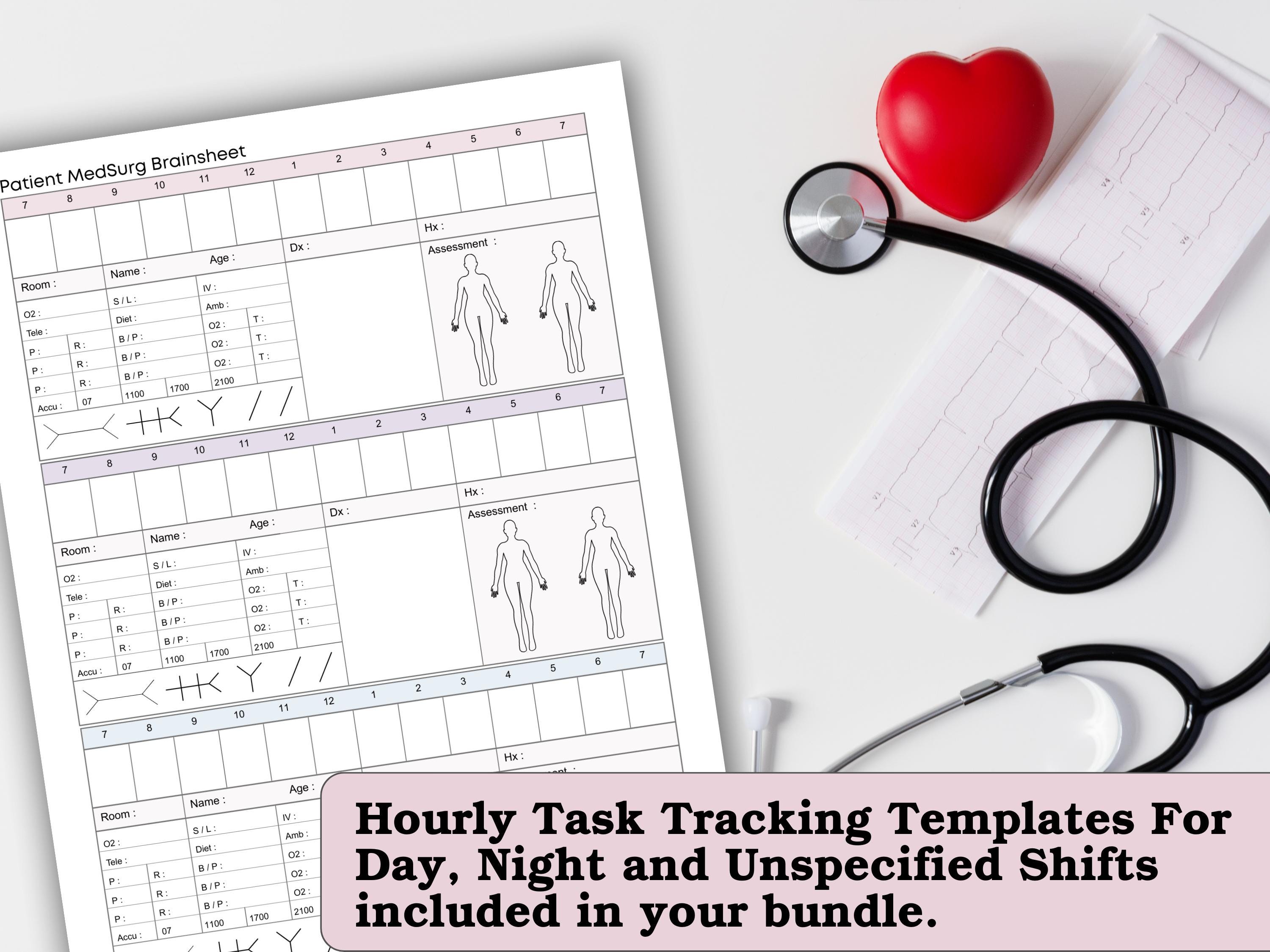 Nurse Task Layout Med Surg Nurse Report Sheet - ICU Hourly Tasks Shift Organizer Set (PDF ...