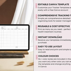 May include: A digital tablet displaying a white spreadsheet template, resting on a stack of stone blocks. The text on the right side highlights features like editable Canva templates, comprehensive tracking tools, and instant download.