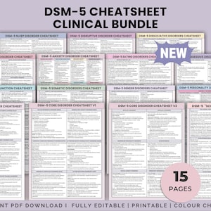 May include: A bundle of 15 printable DSM-5 cheatsheets, including topics like sleep disorders, anxiety, and eating disorders. The sheets are fully editable and offer color choices. The title "DSM-5 CHEATSHEET CLINICAL BUNDLE" is displayed at the top.
