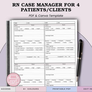 May include: A printable RN case manager template for four patients or clients, featuring a black and white grid layout with fields for medical details, discharge goals, and daily agendas. A black pen rests on the right side of the document.