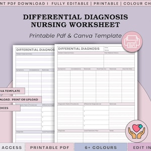 May include: A printable differential diagnosis nursing worksheet template in PDF and Canva format. The document features sections for patient case summary, medical history, symptoms, considerations, rationale, diagnostic tests, and treatment plans.