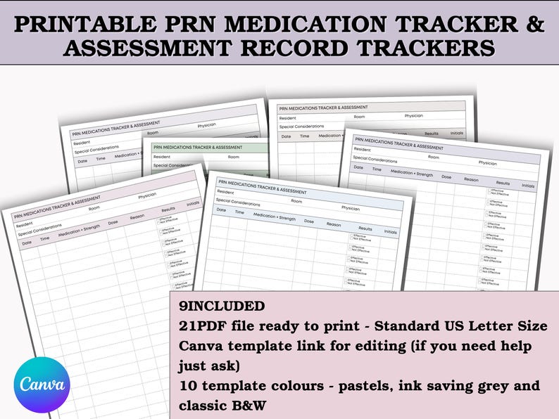 May include: A set of printable PRN medication tracker and assessment record sheets in pastel colours and black and white. The image includes the text "PRINTABLE PRN MEDICATION TRACKER & ASSESSMENT RECORD TRACKERS". The sheets are ready to print.