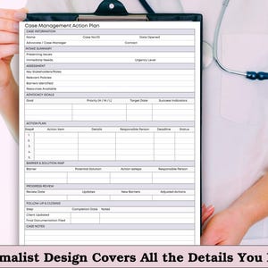 May include: A black clipboard holds a white "Case Management Action Plan" form. The form includes sections for case information, intake summary, assessment, advocacy goals, action plan, and progress review. The text "Minimalist Design Covers All the Details You Need" is at the bottom.
