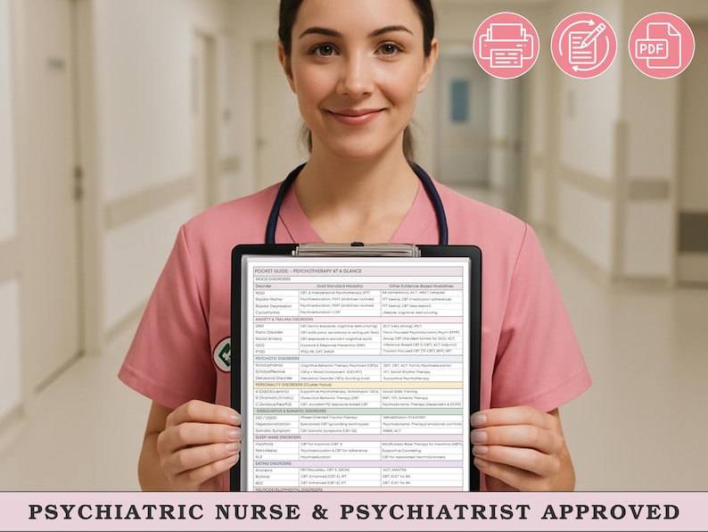 May include: A woman in a pink scrub top holds a black clipboard with a "Pocket Guide - Psychotherapy at a Glance" document. The document lists various psychotherapy types. The text "Psychiatric Nurse & Psychiatrist Approved" is at the bottom.