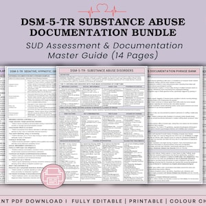Op de afbeelding: Een 14-pagina tellend DSM-5-TR documentatiepakket voor middelenmisbruik met een mastergids voor SUD-beoordeling. Het document bevat tabellen, klinische criteria en zinnenbanken voor documentatie in een overzichtelijke lay-out.