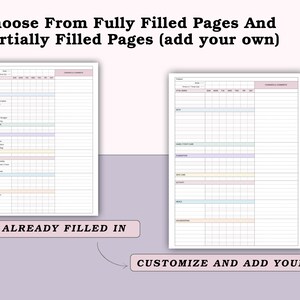 Puede incluir: Dos p&aacute;ginas de planificador imprimibles sobre un fondo morado claro. Una p&aacute;gina est&aacute; precargada con AVQ, la otra est&aacute; en blanco. El texto dice "Choose From Fully Filled Pages And Partially Filled Pages (add your own)", "ADLs ALREADY FILLED IN" y "CUSTOMIZE AND ADD YOUR OWN".