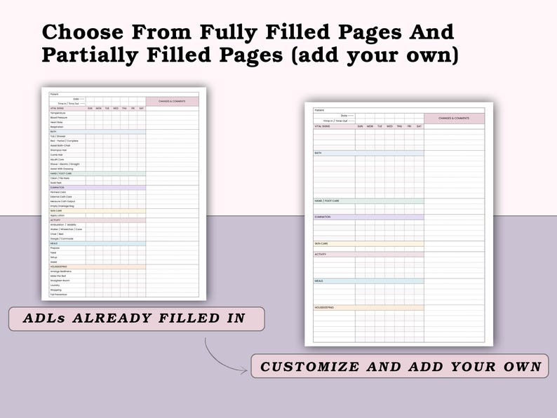 Puede incluir: Dos p&aacute;ginas de planificador imprimibles sobre un fondo morado claro. Una p&aacute;gina est&aacute; precargada con AVQ, la otra est&aacute; en blanco. El texto dice "Choose From Fully Filled Pages And Partially Filled Pages (add your own)", "ADLs ALREADY FILLED IN" y "CUSTOMIZE AND ADD YOUR OWN".