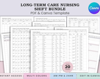 May include: A set of printable nursing shift templates, including medication trackers, patient reports, and vital signs trackers. The bundle is available as a PDF and Canva template. The text includes "Long-Term Care Nursing Shift Bundle" and "Over 20 Pages."