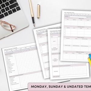 Puede incluir: Una colecci&oacute;n de plantillas impresas para el seguimiento de s&iacute;ntomas y planes de tratamiento. Las plantillas incluyen secciones para el equipo m&eacute;dico, el diagn&oacute;stico y las opciones de tratamiento. La imagen tambi&eacute;n muestra un port&aacute;til, bol&iacute;grafos, gafas y rotuladores de colores. El texto de la imagen dice "MONDAY, SUNDAY & UNDATED TEMPLATES."