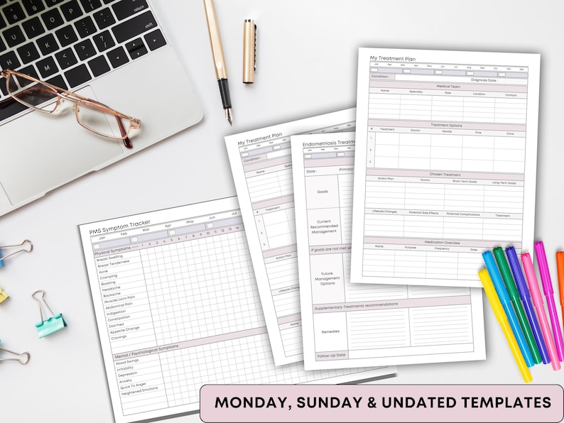 Puede incluir: Una colecci&oacute;n de plantillas impresas para el seguimiento de s&iacute;ntomas y planes de tratamiento. Las plantillas incluyen secciones para el equipo m&eacute;dico, el diagn&oacute;stico y las opciones de tratamiento. La imagen tambi&eacute;n muestra un port&aacute;til, bol&iacute;grafos, gafas y rotuladores de colores. El texto de la imagen dice "MONDAY, SUNDAY & UNDATED TEMPLATES."