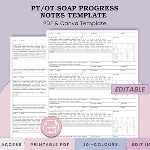 Puede incluir: Una plantilla de notas de progreso PT/OT SOAP con el texto "PDF & Canva Template". La plantilla incluye secciones para hallazgos subjetivos, hallazgos objetivos, evaluación y un plan. La imagen también incluye el texto "Instant Access", "Printable PDF", "10+ Colours" y "Edit in Canva".