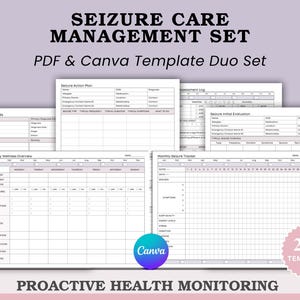 May include: A set of printable templates for seizure care management, including a seizure action plan, assessment log, and weekly and monthly trackers. The templates are designed for proactive health monitoring and are available as a PDF and Canva template duo set.